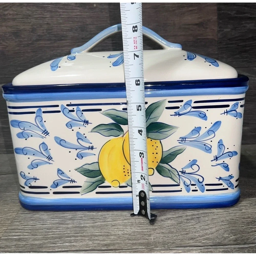 Vtg Stonelite Inspirado Blue White Lemon Design Bread/Biscotti Box Seattle USA